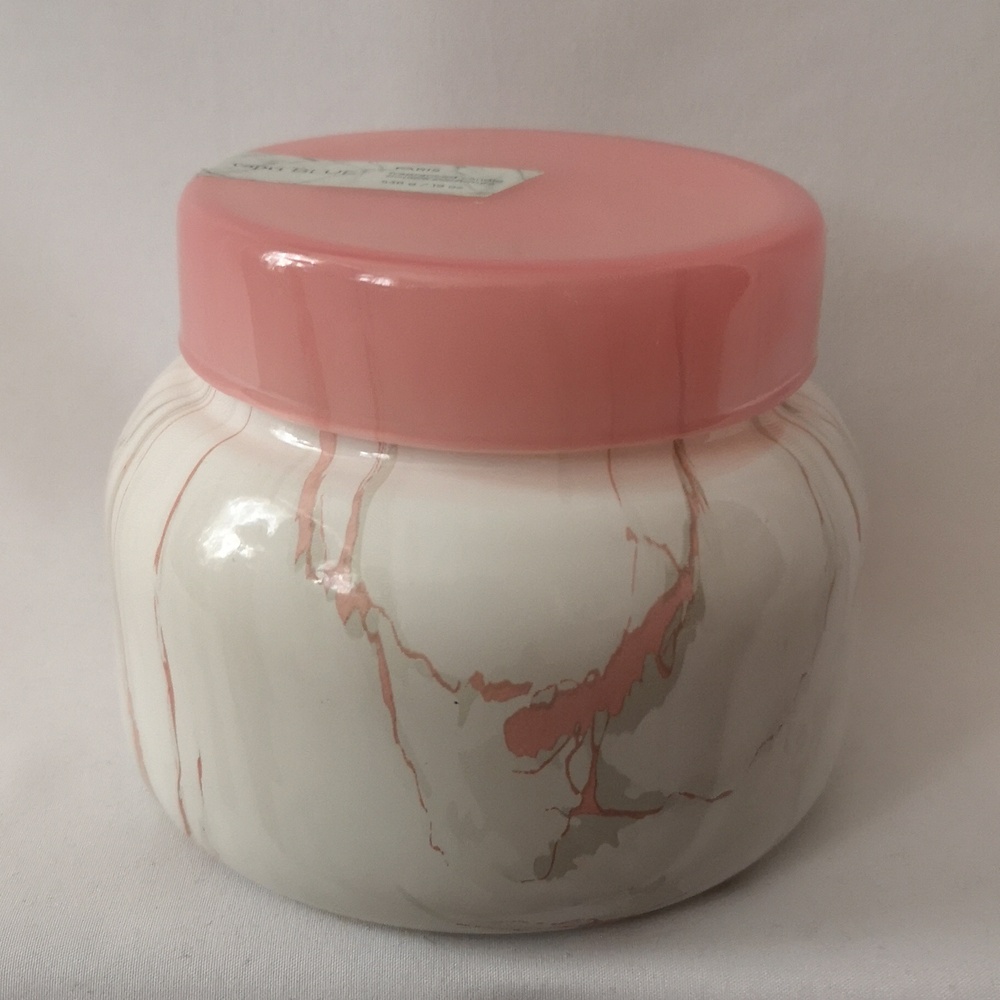 Lovely capri BLUE Paris Candle in Pink & Gray Marble Glass Jar w Pink Glass Lid